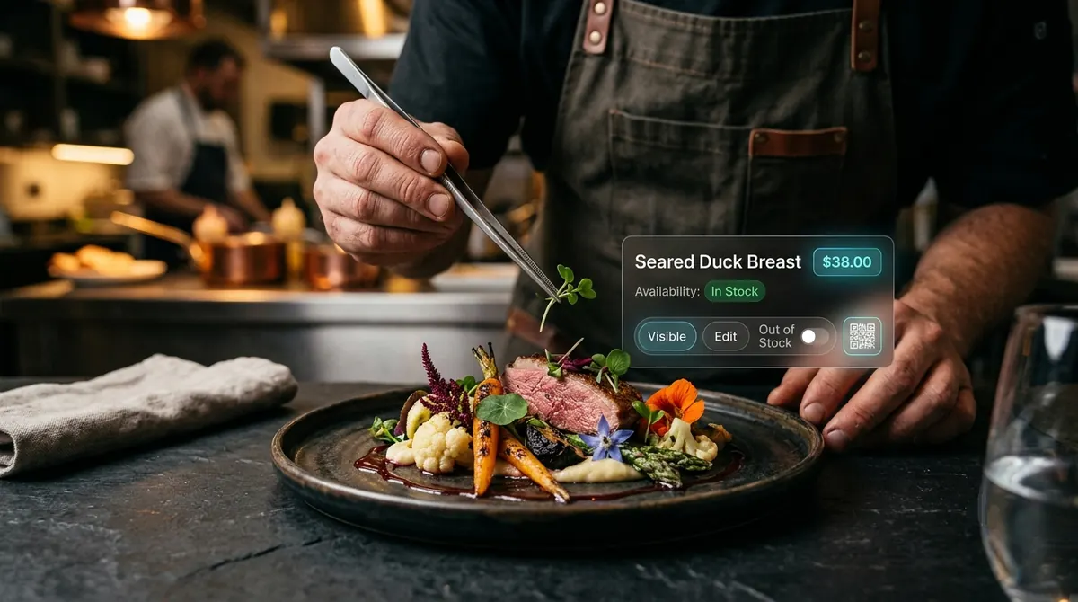 A chef plating a dish, with a menu item card showing price and an out of stock control