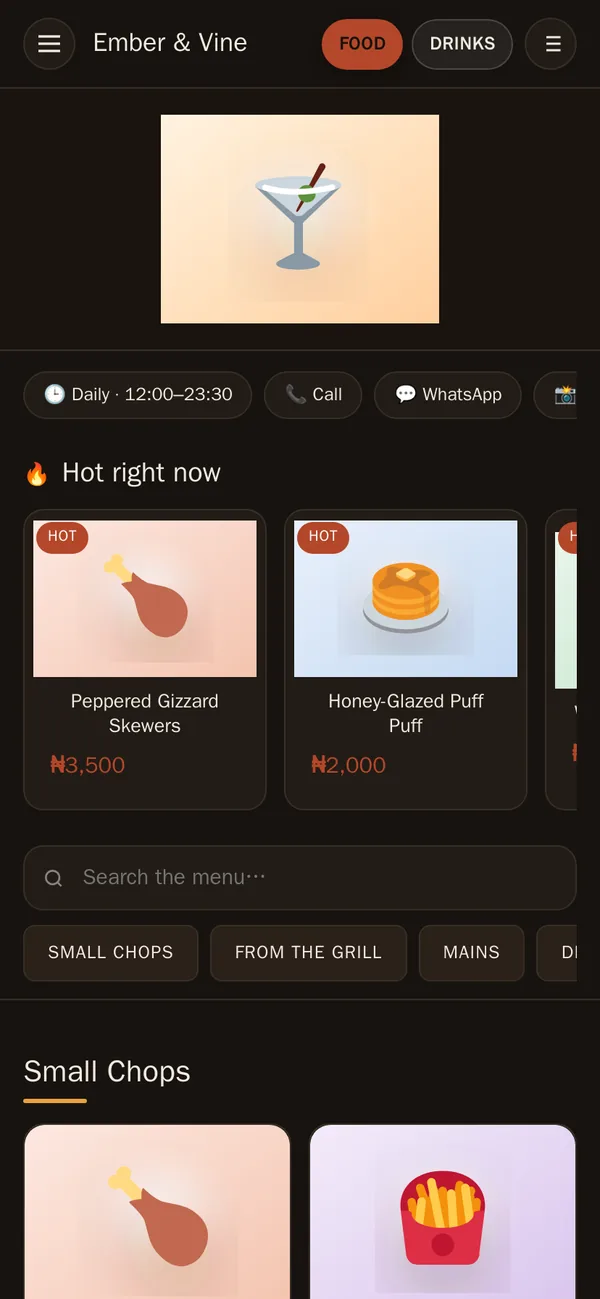 A restaurant menu open on a phone showing hot picks, search and menu categories